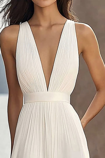 Ivory Ruched Chiffon Deep V-Neck Maxi Beach Engagement Dress